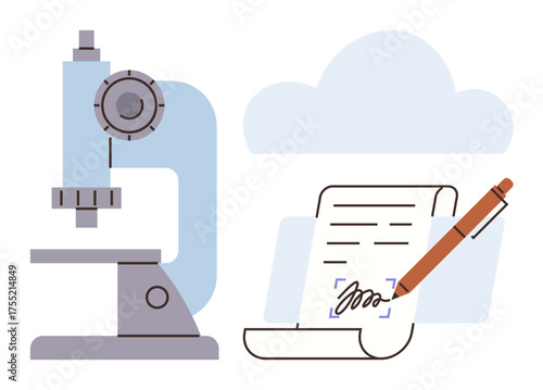 Microscope, document with e-signature, cloud symbolizing science, innovation, research, technology, data analysis, healthcare. Ideal for lab work biotechnology education legal tech medical field