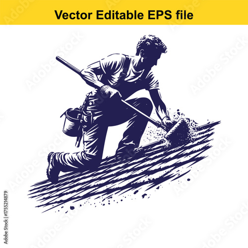 Vector art of roofer kneeling on a roof, sweeping debris with a broom