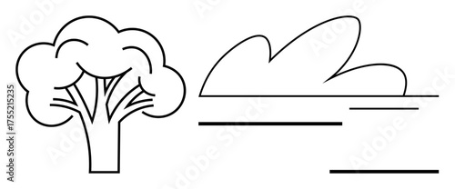 Abstract tree with rounded canopy and cloud above straight lines suggesting ground or horizon. Ideal for environmental themes, sustainability, simplicity, outdoor concepts, eco-friendly design