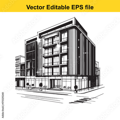 Vector art of architectural sketch of a modern multistory building with large windows and balconies