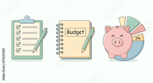 Financial Planning and Budgeting Concept Illustration with Clipboard, Notebook, and Piggy Bank