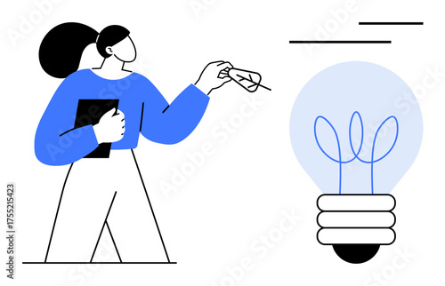 Woman holding notebook, placing leaf inside lightbulb with growing plants. Ideal for creativity, innovation, sustainability, eco-consciousness, green energy, education idea generation. Simple flat
