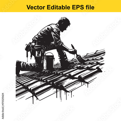 Vector art of silhouette of a roofer working on a roof with a brush and paint bucket