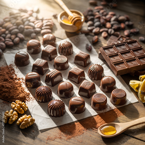 Assorted chocolate candies arranged on parchment with honey and nuts  