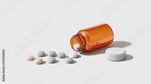 An orange prescription bottle spills various tablets on a white surface, showcasing the importance of medication and health awareness. Perfect for medical or wellness themes.