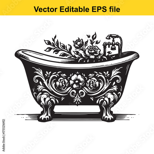 Vector art of vintage bathtub with ornate floral carvings and a faucet