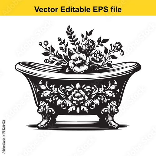 Vector art of antique clawfoot bathtub adorned with intricate floral embellishments and a faucet