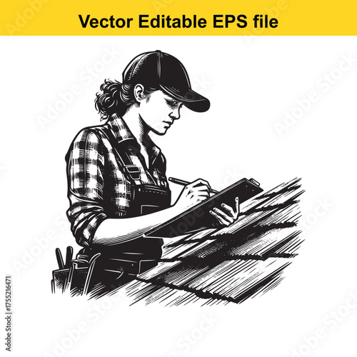 Vector art of female roofer wearing a cap and plaid shirt, inspecting roof tiles while writing on clipboard