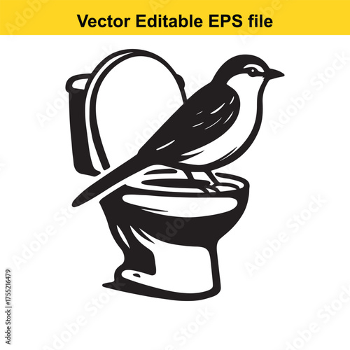 Vector art of a small bird perched on the rim of a toilet bowl