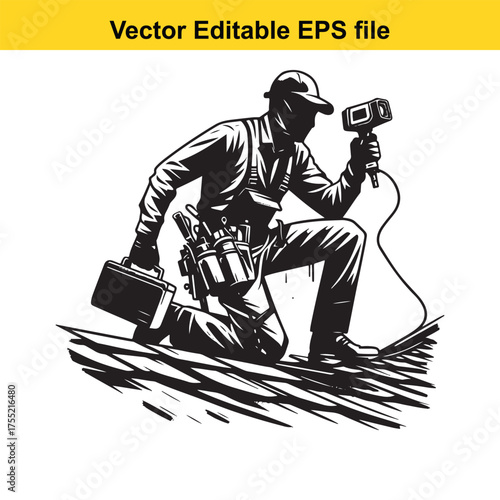 Vector art of male roofer kneeling on roof, holding tool and case, working on building exterior