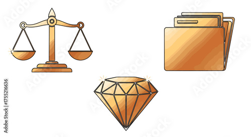 Golden Balance Scale, Shiny Diamond, and File Folders Icons Set on White Background