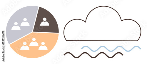 Pie chart with team icons and segmented sections next to a cloud and wavy lines. Ideal for teamwork, collaboration, cloud computing, data sharing, networking, analytics, communication. Simple flat