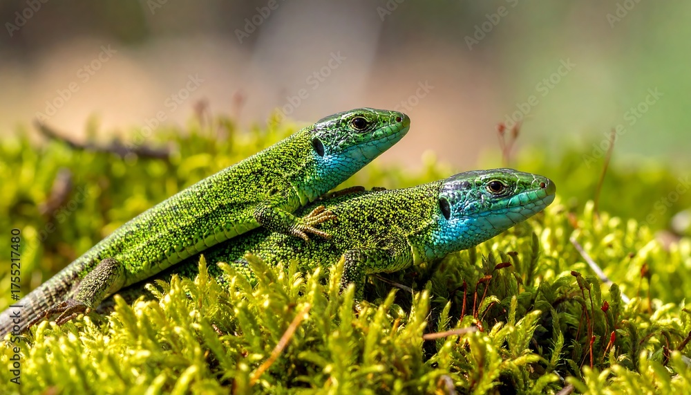 Fototapeta premium Two European Green Lizards basking on moss in the sun.
