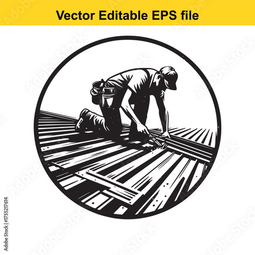 Vector art of roofer working on a metal roof, installing corrugated panels