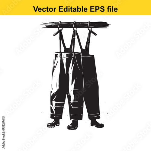 Vector art of three pairs of black waterproof overalls and boots hanging on a rack