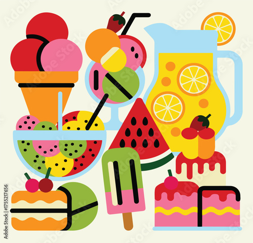 Flat design summer treats ice cream cones watermelon pitcher of lemonade and cakes food dessert vector