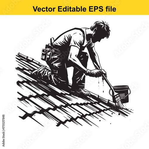Vector art of roofer kneeling on a tiled roof, painting or sealing tiles with a brush and paint can, black and white illustration