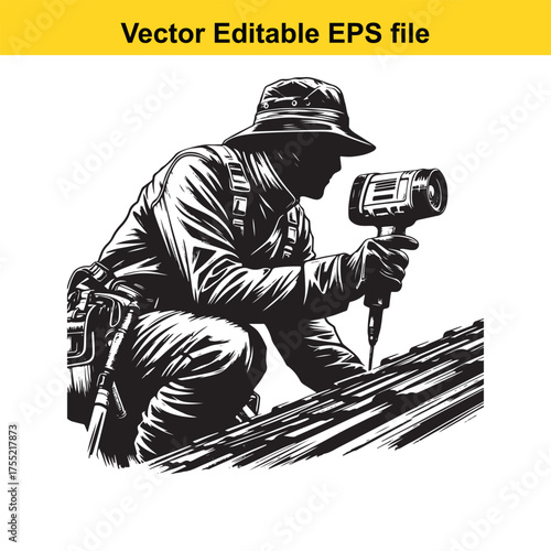Vector art of roofer with a tool on a tiled roof, wearing a hat and tool belt, black and white illustration
