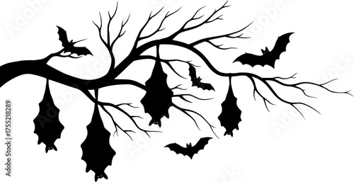 Bats hanging from tree branches silhouette vector illustration halloween spooky night scene design silhouette vector.