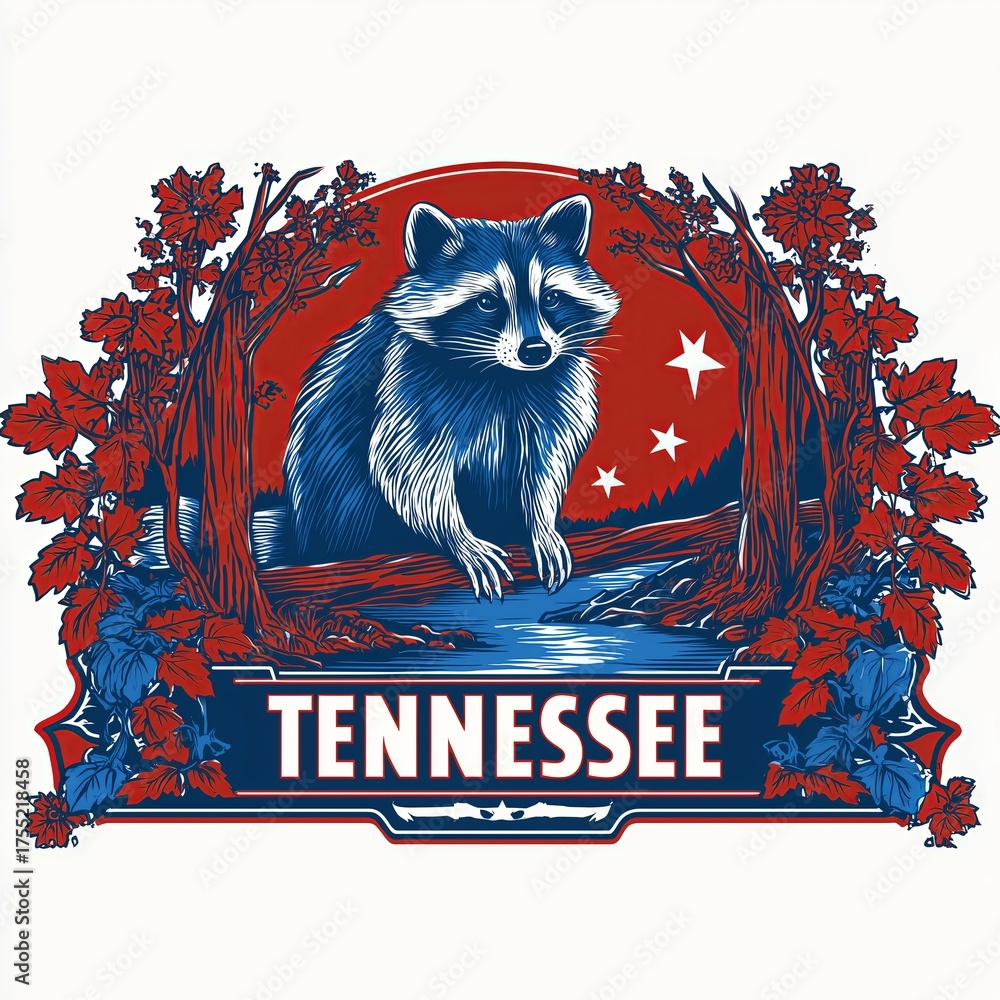 Obraz premium A raccoon perched on a branch, framed by red leaves and stars, highlights 