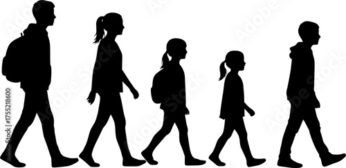 Group of children, silhouettes of teenager, boy, girl and child, walking, side view, profile, vector, black color, isolated on white background silhouette vector.
