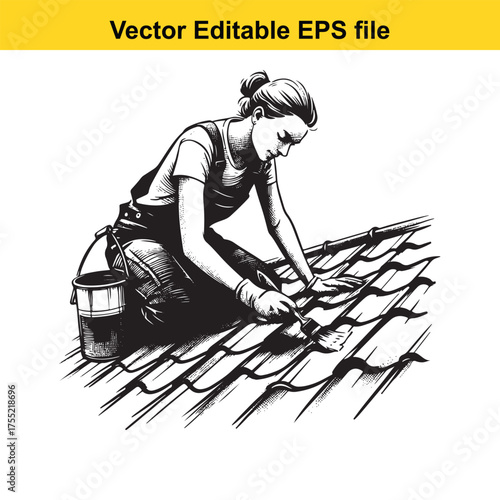 Vector art of woman roofer painting roof tiles with a brush and paint bucket