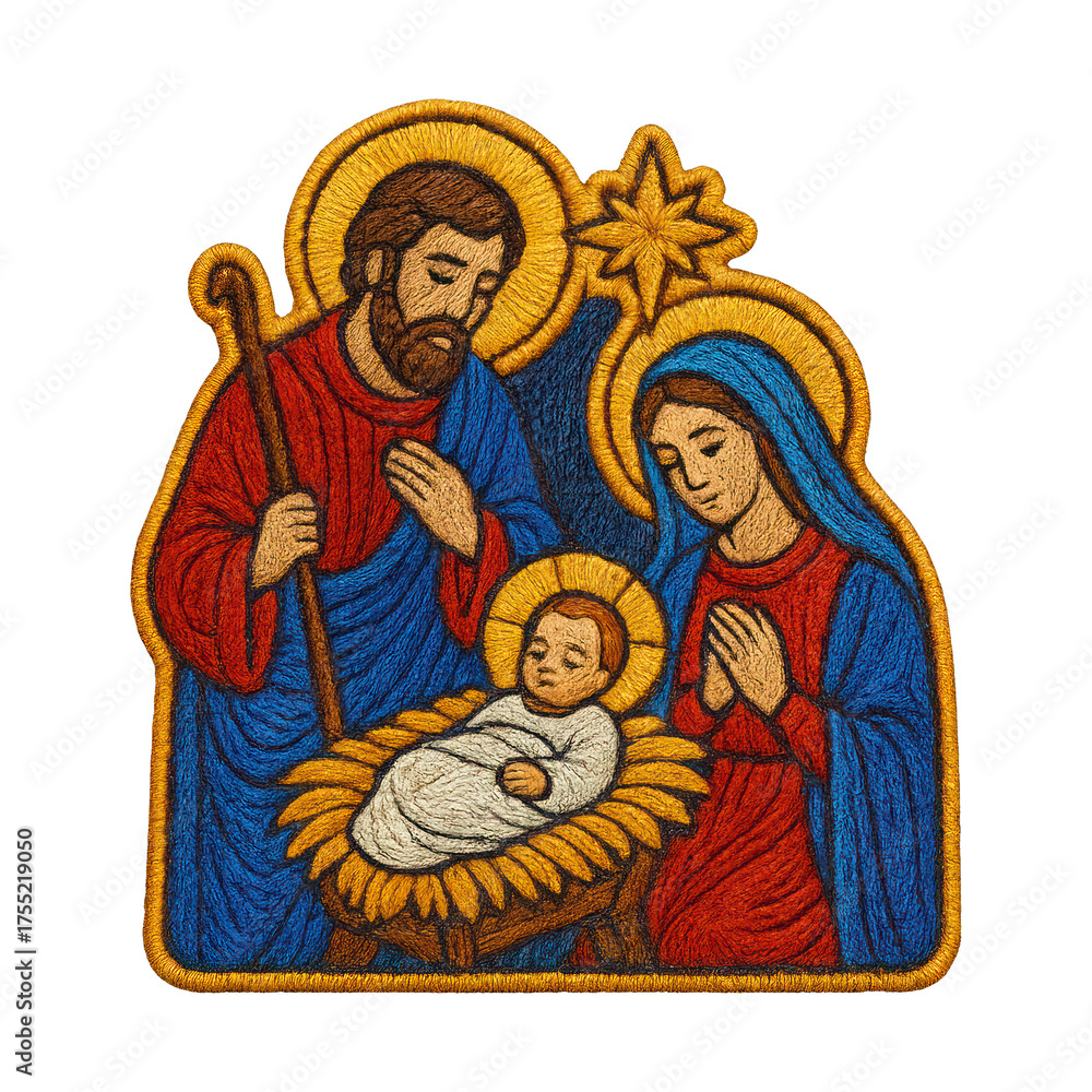 Fototapeta premium PNG Religious embroidered nativity scene.