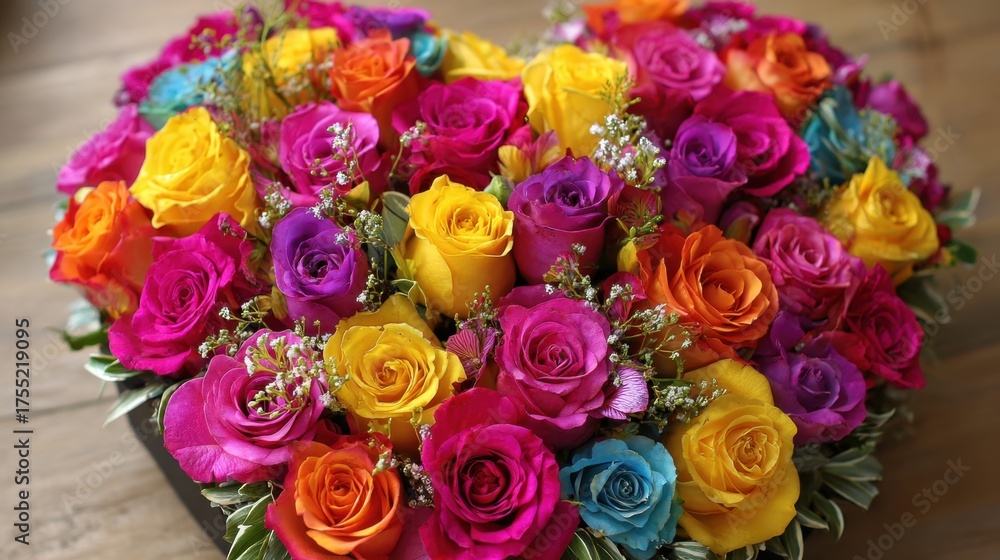 Obraz premium A stunning arrangement of bright roses in varied colors forms a heart shape perfect for celebrations.