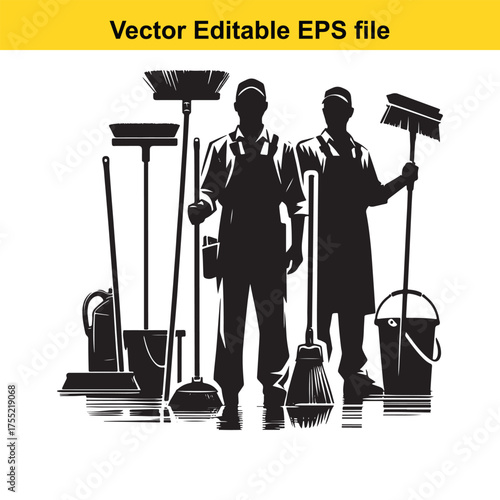 Vector art of two cleaners with brooms and cleaning equipment