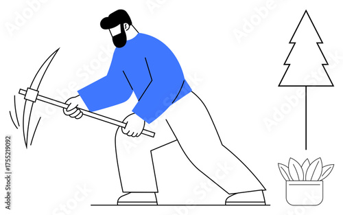 Man actively mining with pickaxe near a simple potted plant and evergreen tree. Ideal for themes of labor, sustainability, growth, agriculture, manual work, eco-friendly practices, and resource