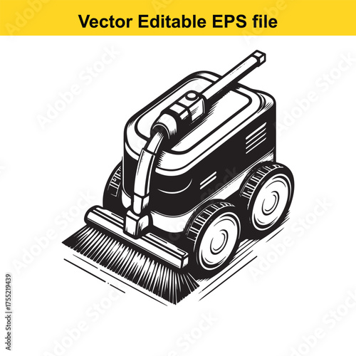 Vector art of line art drawing of a compact robotic vacuum cleaner with a hose and brush