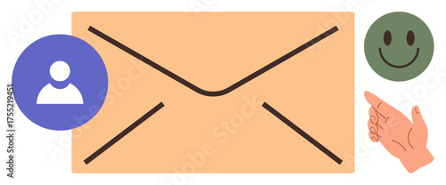 Large envelope at center with user profile, happy face, and hand icons. Ideal for communication, email, feedback, connection, messaging contact customer service. Simple flat metaphor