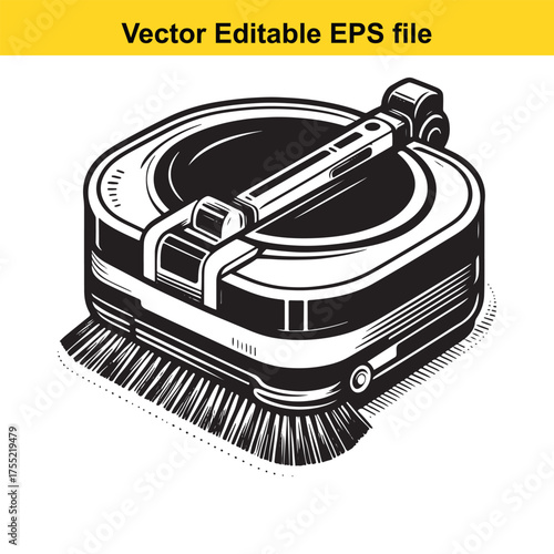 Vector art of a black and white illustration of a robotic vacuum cleaner with a brush, isolated on a