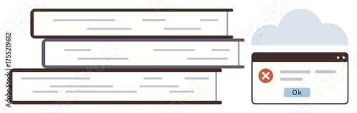 Stack of books beside error message on browser window and cloud outline, emphasizing online learning issues. Ideal for education, technology, cloud storage, digital literacy, problem-solving, data
