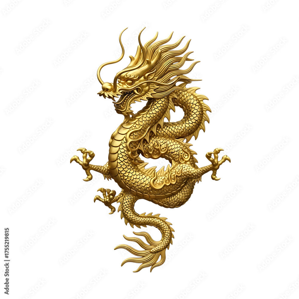 Fototapeta premium Golden Dragon Sculpture, isolated on white or transparent background. PNG