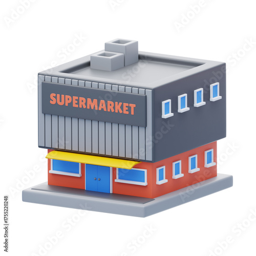 Cartoon Style Supermarket Building With Orange Sign And Yellow Awning On Gray Platform With Blue Doors And Windows On Black Background