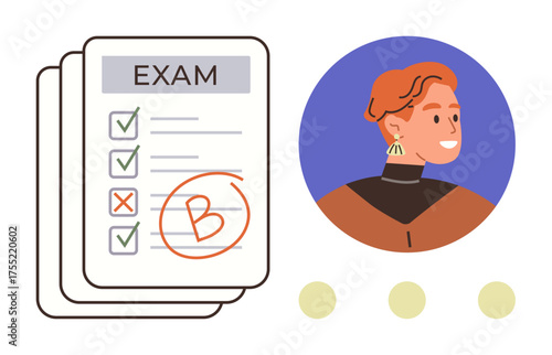 Graded exam paper with check marks, grade B, and a student portrait in a circular frame. Ideal for education, assessment, learning, achievement, academic feedback, self-evaluation simple flat