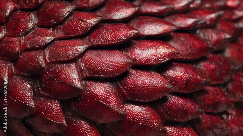 Fototapeta premium Detailed textures and rich colors of red scales reveal the beauty of this reptiles skin.