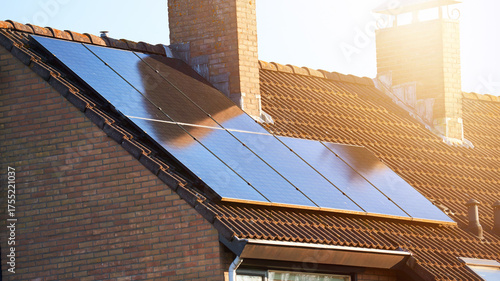 Close-up of rooftop solar panels and chimney. Residential house with solar panels on roof. Solar energy 