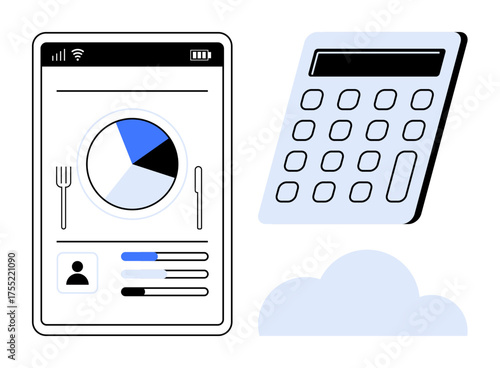 Nutrition tracking app on smartphone featuring pie chart and user profile beside calculator and cloud. Ideal for diet management, finance, analytics, health, organization, technology, and data