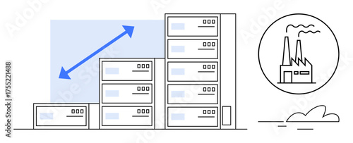 Stacked storage units with upward arrow illustrating growth. Factory with smoke represents industrial production. Ideal for business growth, industry, logistics, economy, scalability, investment