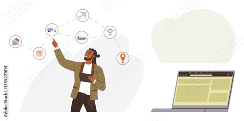 Man holding a tablet, pointing at interconnected icons of smart home, cloud storage, and navigation. Ideal for technology, IoT, remote work, connectivity, data sharing innovation simple flat