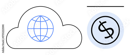 Cloud with globe representing connectivity beside a dollar icon highlighting financial implications. Ideal for technology, finance, business strategy, innovation, globalization, investment, digital