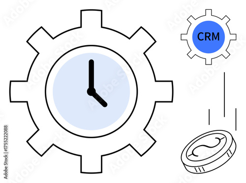 Gear with clock, a CRM gear, and a falling coin emphasize time management, process optimization, efficiency, and business value. Ideal for productivity, automation, investment teamwork