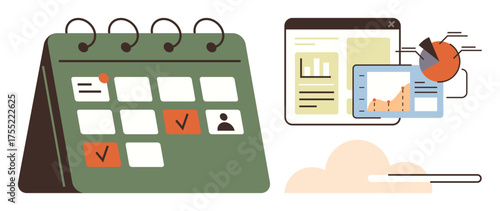 Green desk calendar with marked tasks and icons, digital screens showing charts and graphs for tracking progress. Ideal for business, teamwork, organization, analytics, productivity, scheduling