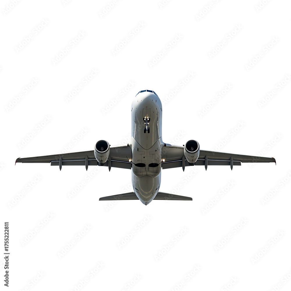 Fototapeta premium White Passenger Jet Airplane Underside, isolated on white or transparent background. PNG