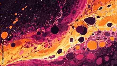 Vibrant Abstract Fluid Art Background with Swirling Magenta, Orange, and Yellow Paint Cells and Organic Textures
