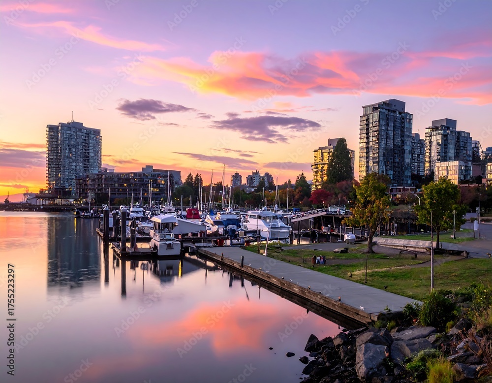 Obraz premium Vancouvers Serene Sunset - A Waterfront View of City and Sky.