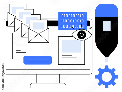 Digital workspace with emails, binary code, magnifying eye, pen tool, and gear. Ideal for communication, cybersecurity, technology programming data analysis workflow education. Simple flat
