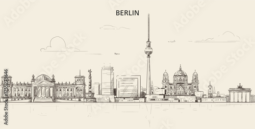 Berlin skyline. Artistic sketchy hand drawn vector illustration on a soft brown background